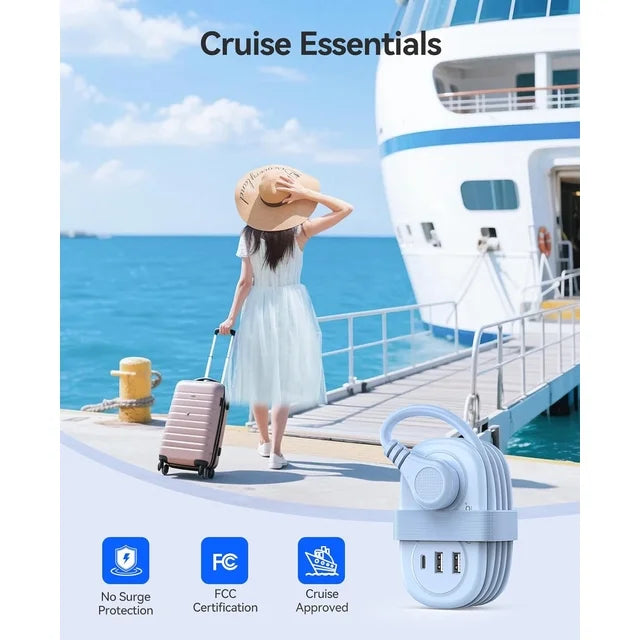 ORICO 5-in-1 Compact Travel Power Strip, Cruise Ship Approved with 2 AC Outlets & 2 USB Ports (1 USB-C Charge), 3.7ft Cord - Ultra-Portable for Cruise, Hotel, Dorm,Office(Blue)