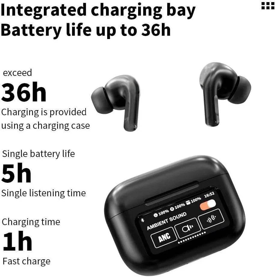A9 AIRBUDS PRO ANC Pro Smart Display Earbuds – Active Noise Cancellation, Ambient Mode, HD Bass, Touch Control