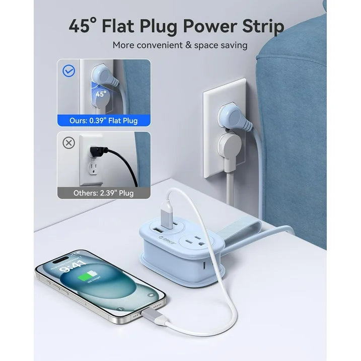 ORICO 5-in-1 Compact Travel Power Strip, Cruise Ship Approved with 2 AC Outlets & 2 USB Ports (1 USB-C Charge), 3.7ft Cord - Ultra-Portable for Cruise, Hotel, Dorm,Office(Blue)