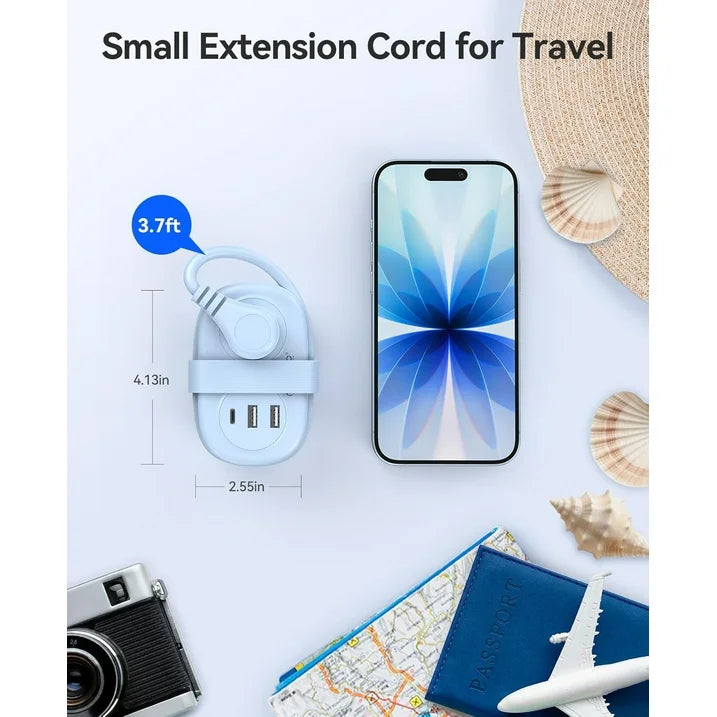 ORICO 5-in-1 Compact Travel Power Strip, Cruise Ship Approved with 2 AC Outlets & 2 USB Ports (1 USB-C Charge), 3.7ft Cord - Ultra-Portable for Cruise, Hotel, Dorm,Office(Blue)